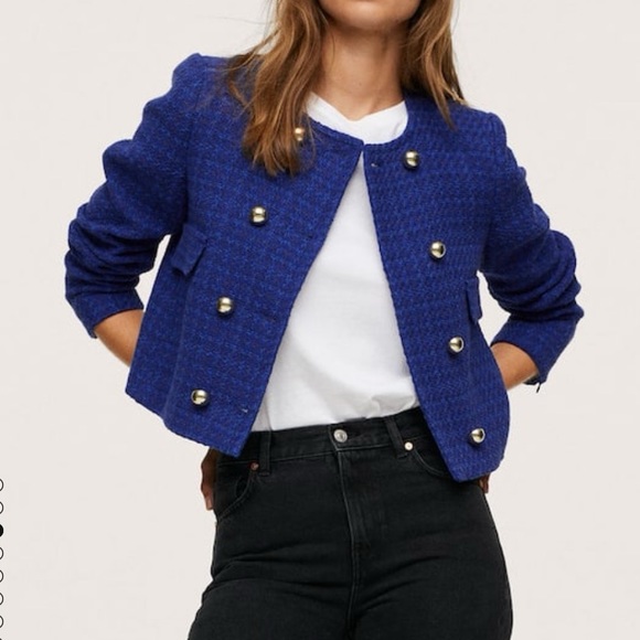 Mango Jackets & Blazers - MANGO Crop Tweed Jacket Blue Size Small Ref 17055963